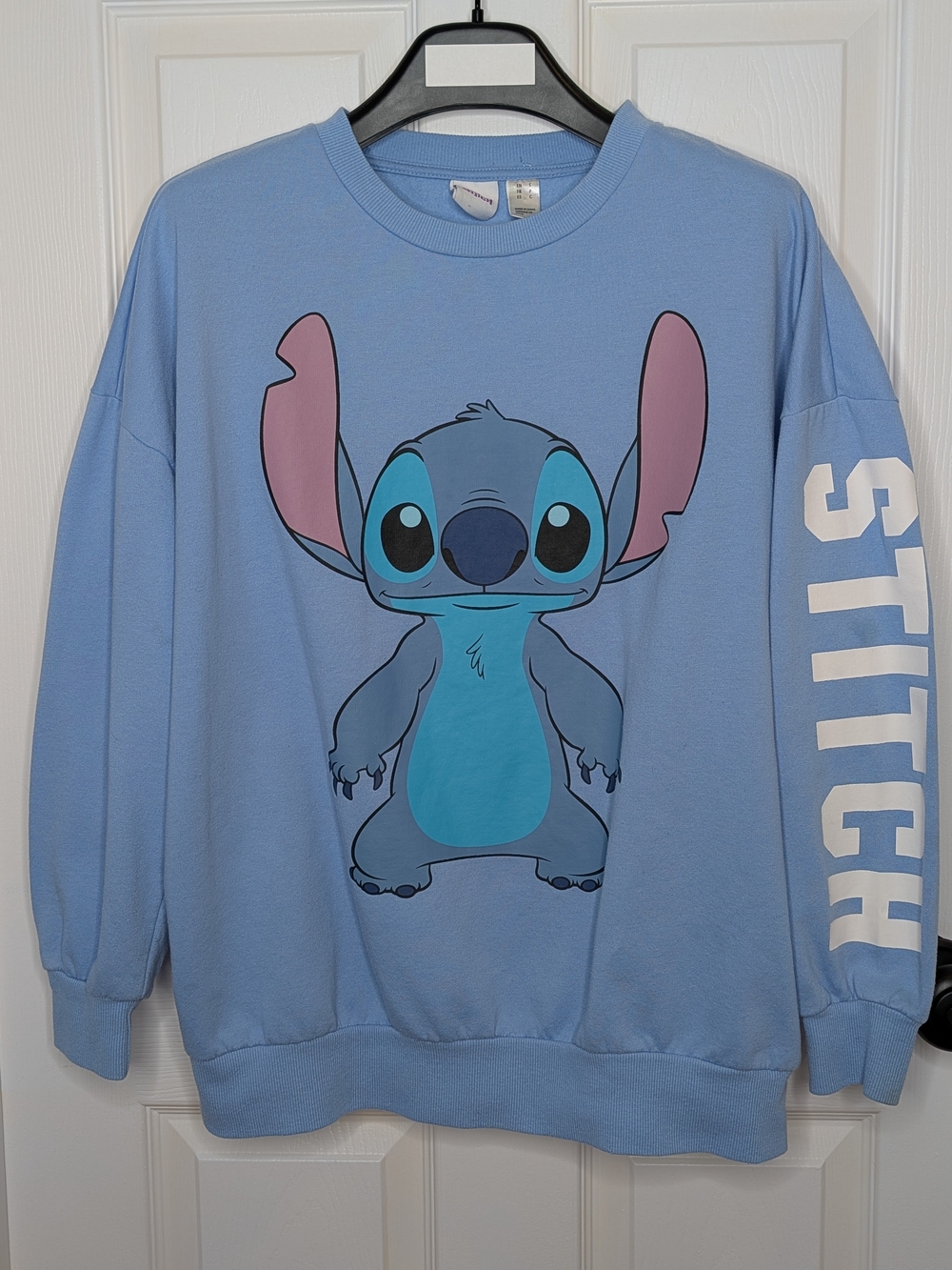 Disney Light Blue Stitch Graphic Sweatshirt Oversized White Sleeve Print Size S